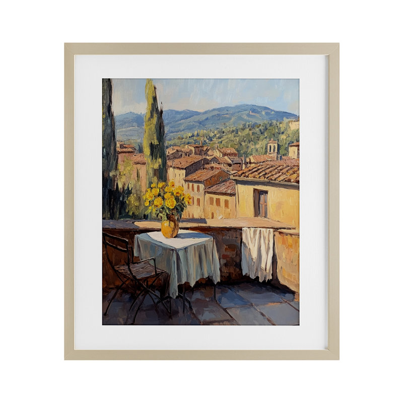 Petit déjeuner sur le balcon, reproduction encadrée sous verre, design par Petal Prints Design, H 21 po x l 17 po