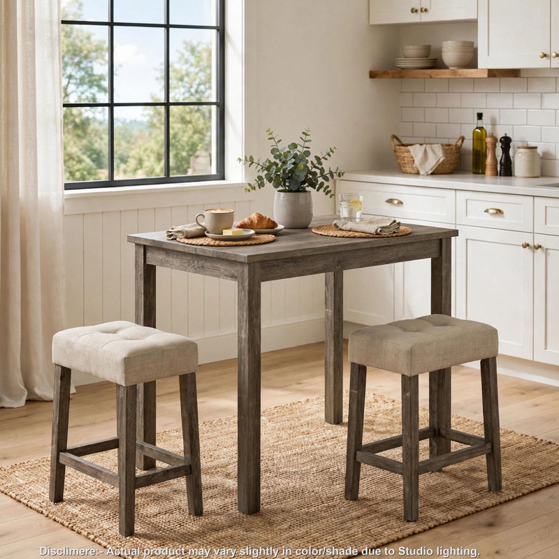 Ensemble de salle à manger à hauteur de comptoir 3 pièces Elaya avec tabourets capitonnés beige, bois brun