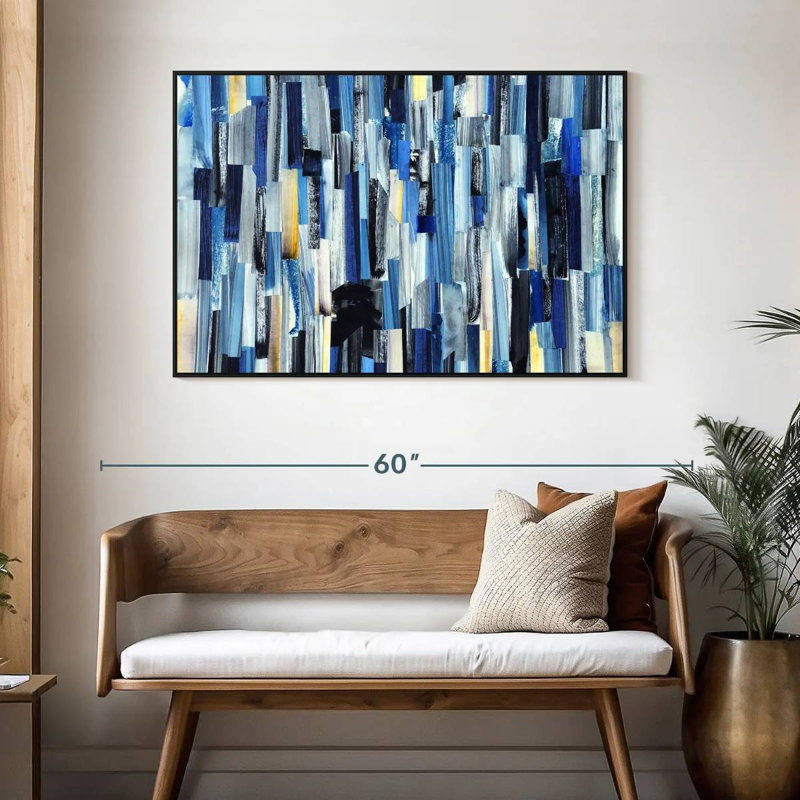 Striped Blue Abstract, 46" X 31", Floating Frame Black