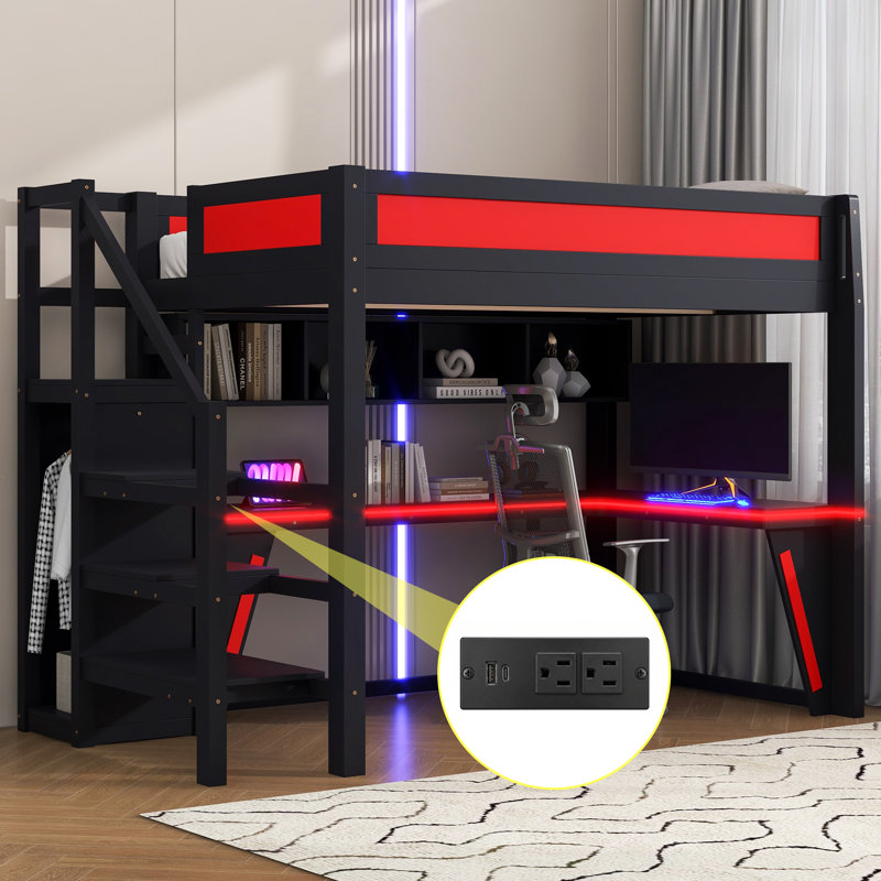 Lit mezzanine double avec bureau intégré, armoire et éclairage DEL