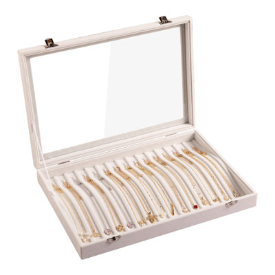 15 Hooks Necklace Tray Velvet Neckalce Organizer With Clear Lid Lockable Necklace Holder Box Jewellery Organizer(Beige)