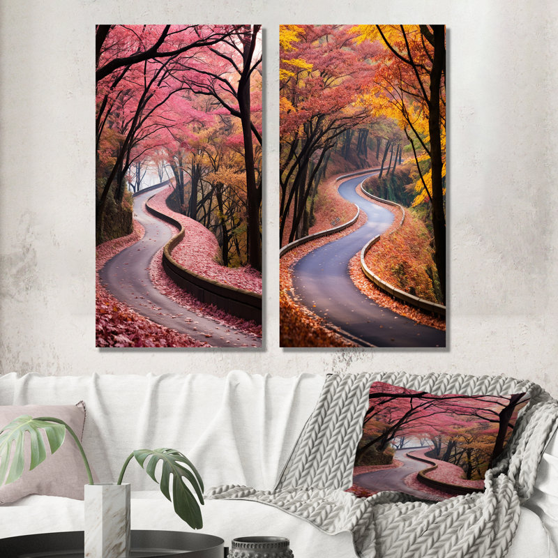 Ensemble de 2 décorations murales Rosy Blooming Into The Forest IV - Road, Toile tendue, H 32 po x l 33 po
