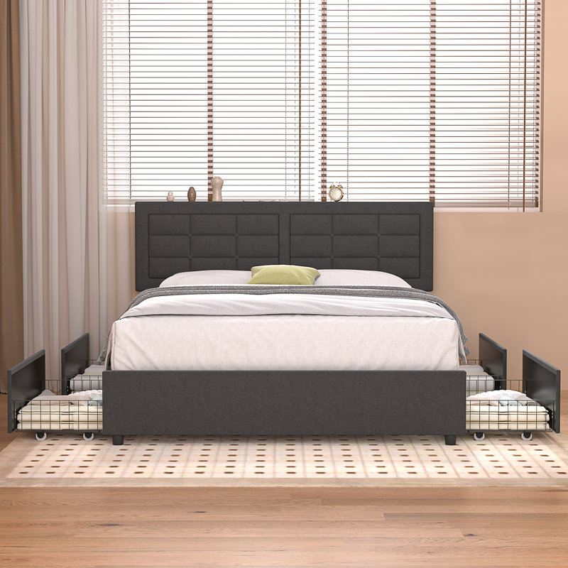 Base de lit pleine grandeur avec 4 tiroirs de rangement et tête de lit capitonnée réglable Kempst, lit plateforme tapissier avec station de charge USB et de type C, support de lattes en bois, aucun sommier nécessaire