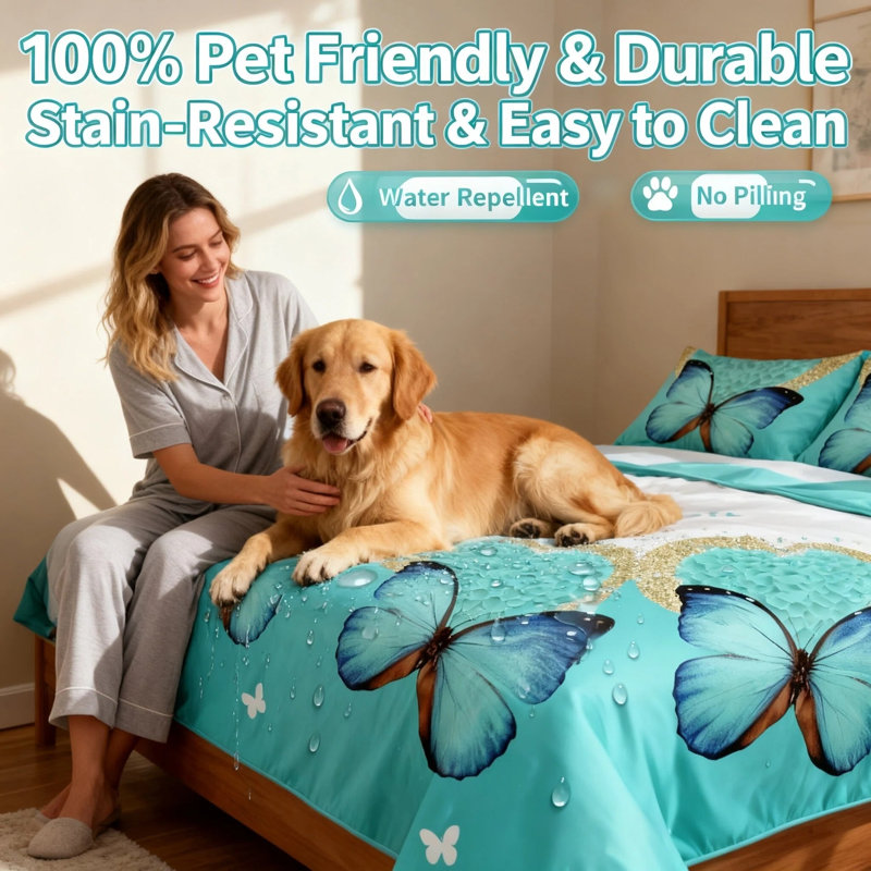 9-Piece Black & Gold Butterfly Bedding & Curtain Set - Quilted Microfiber Bedspread + Sheer Drapes, Turquoise Butterfly