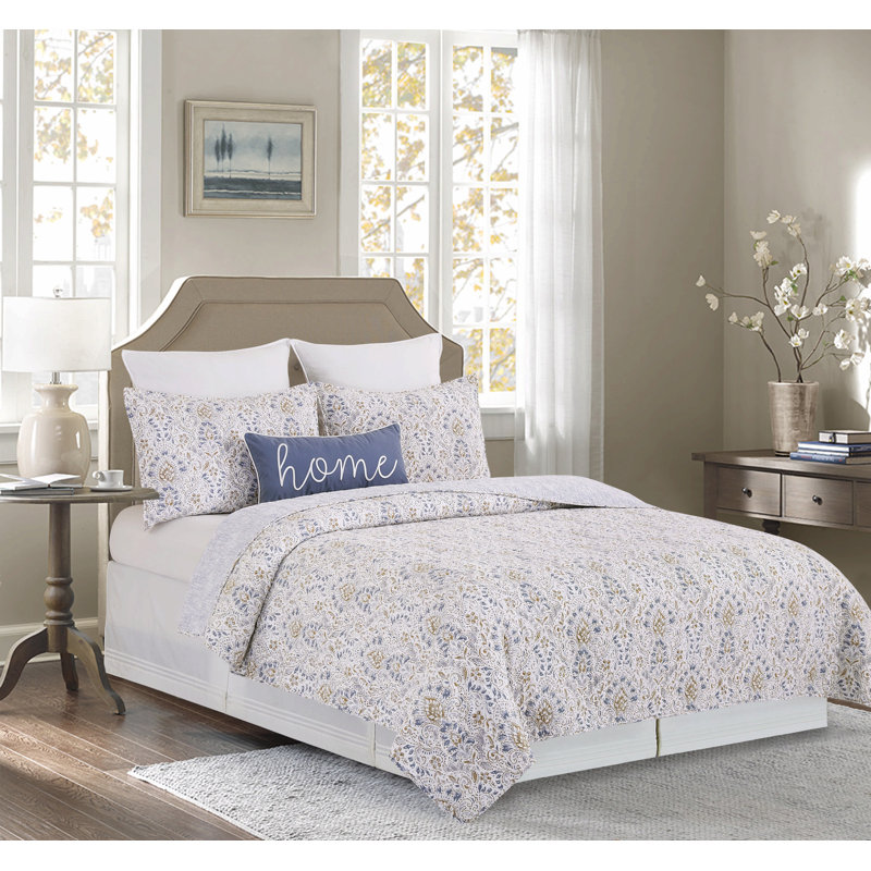 Ensemble de courtepointe réversible en coton bleu / beige / jaune Selma, Courtepointe très grand + 2 taies décoratives