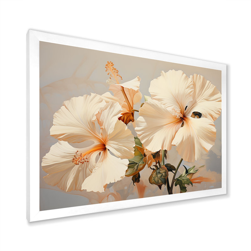 Hibiscus beige, reproduction d'art sur toile, Cadre simple blanc, H 12 po x l 20 po x P 1 po