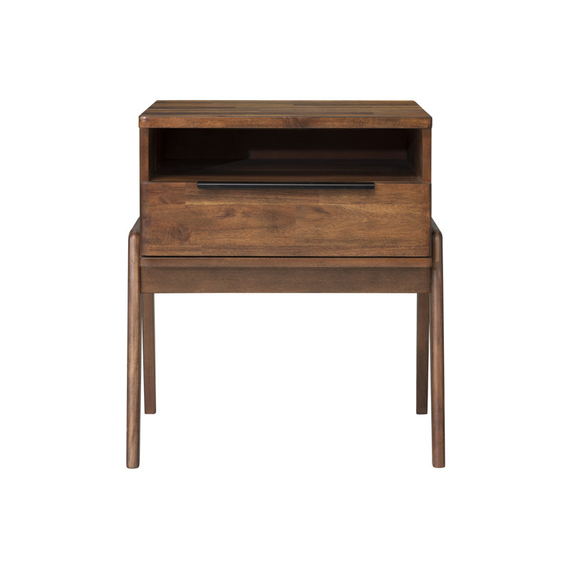 Mid-Century Modern Acacia Wood Nightstand with Black Handle