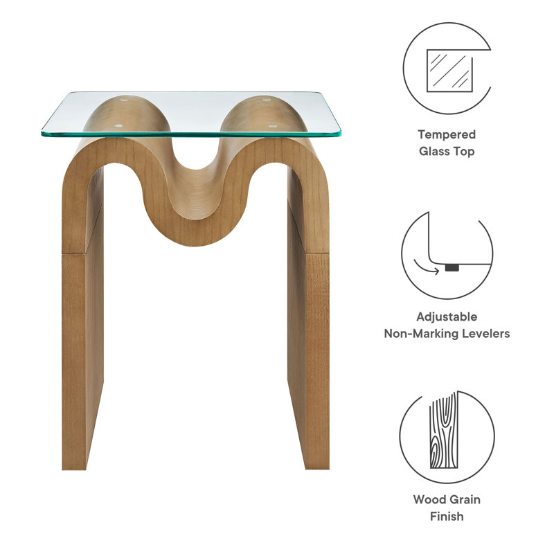 Natural Ash Veneer Wave Base Glass Top Side Table