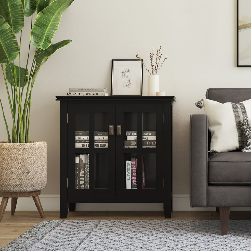 Artisan 30"W Solid Wood Transitional Low Storage Cabinet with Glass Doors and Adjustable Shelves, Black