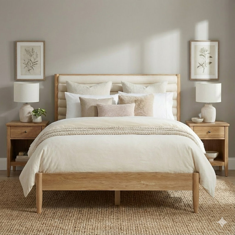 Bed Frame With Chenille Upholstered Headboard Bed