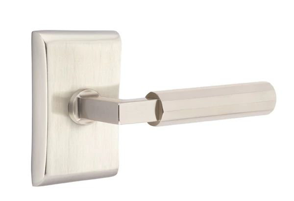 Mortaise intérieure Emtek Select avec rosette Neos et tige carrée en L, levier à facettes, Oui, Nickel satiné