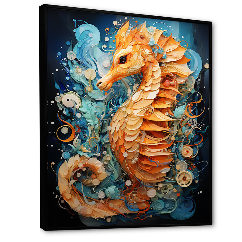 Hippocampe orange et bleu Symphony 1, Cadre flottant noir, H 40 po x l 30 po x P 1,5 po