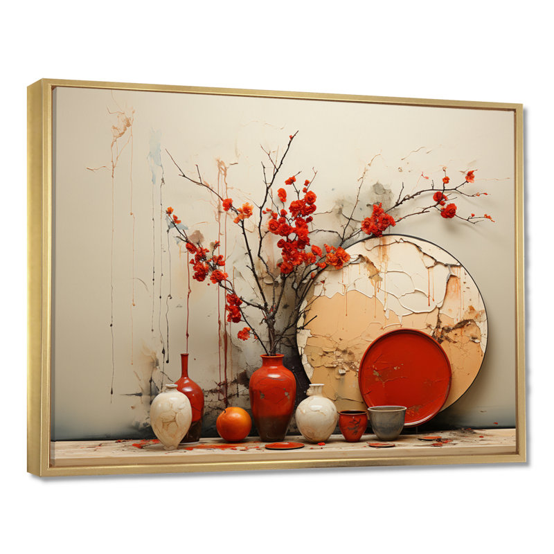Vase rouge fleurs rouges séchées, Toile avec cadre flottant or, H 24 po x l 32 po x P 1 po