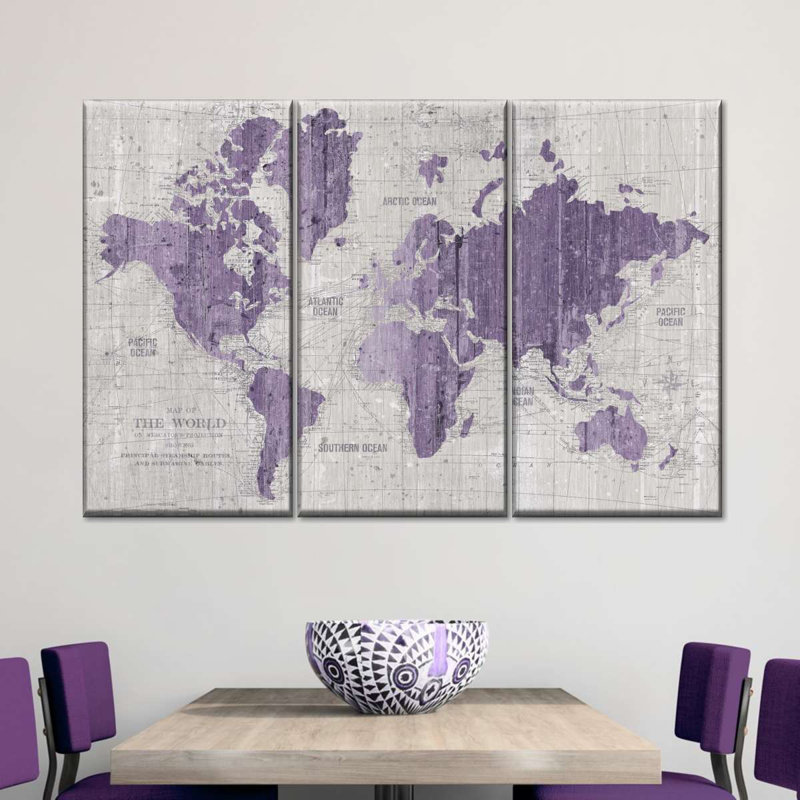 «Old World Map», impression murale sur toile mauve et grise, H 24 po x l 38 po x P 1,25 po