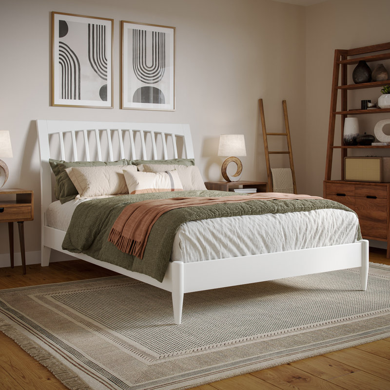 Ambie Low Profile Solid Wood Slatted Spindle Sleigh Bed, White, Full