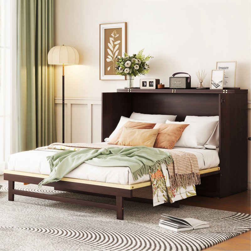 Grand lit escamotable, armoire-lit en bois de pin avec décoration en rotin et tiroir de rangement, espresso, Espresso