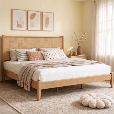 Lit plateforme en bambou King Size avec tête de lit, style campagnard, sans sommier, montage facile, pour chambre à coucher ou chambre d'amis, naturel