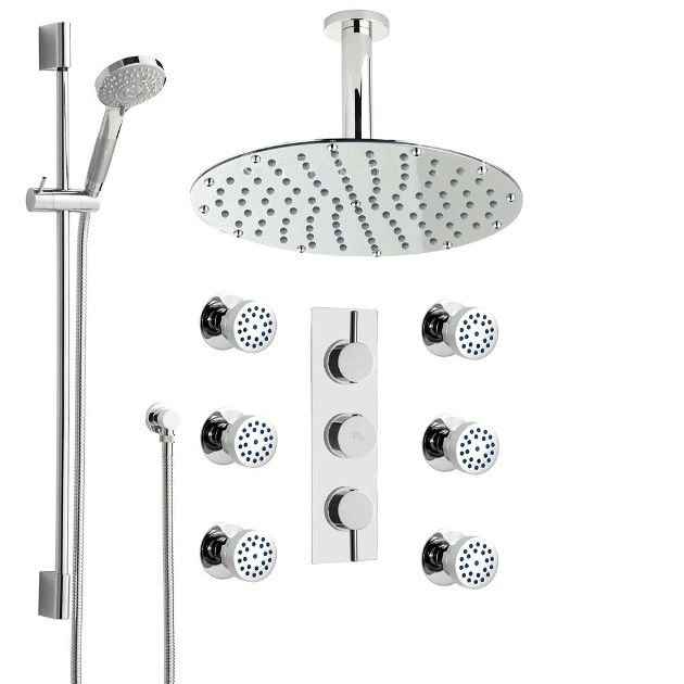 Nouveau système de douche de pluie thermostatique à fixation au plafond 10 po avec 6 jets Juno
