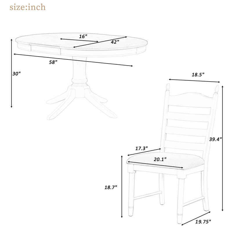 Oakham Farmhouse Retro Dining Set with Adjustable Length and Solid Rubber Wood, Antique White/Antique White, Antique White