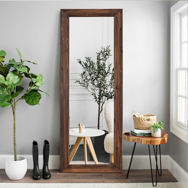 Arejas Rustic Solid Wood Flat Wall Mirror Freestanding Mirror, Striped Wood, 64" x 21"