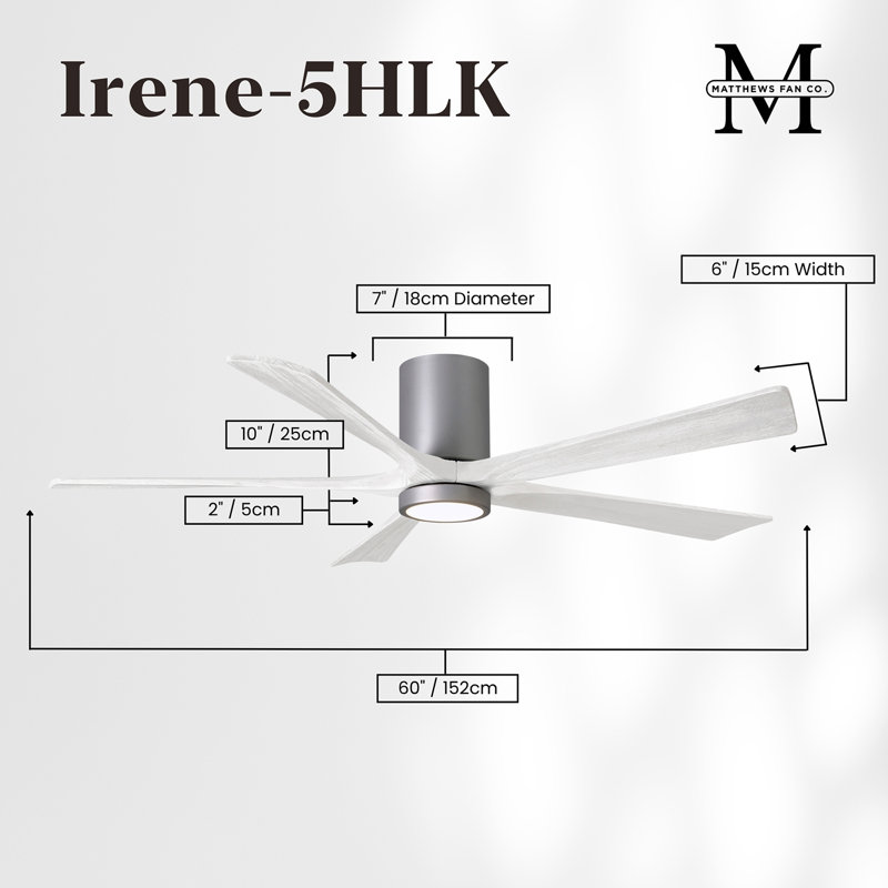 Irene Flushmount Light Kit 5 Blade LED Ceiling Fan, Brushed Nickel, 60", Matte White