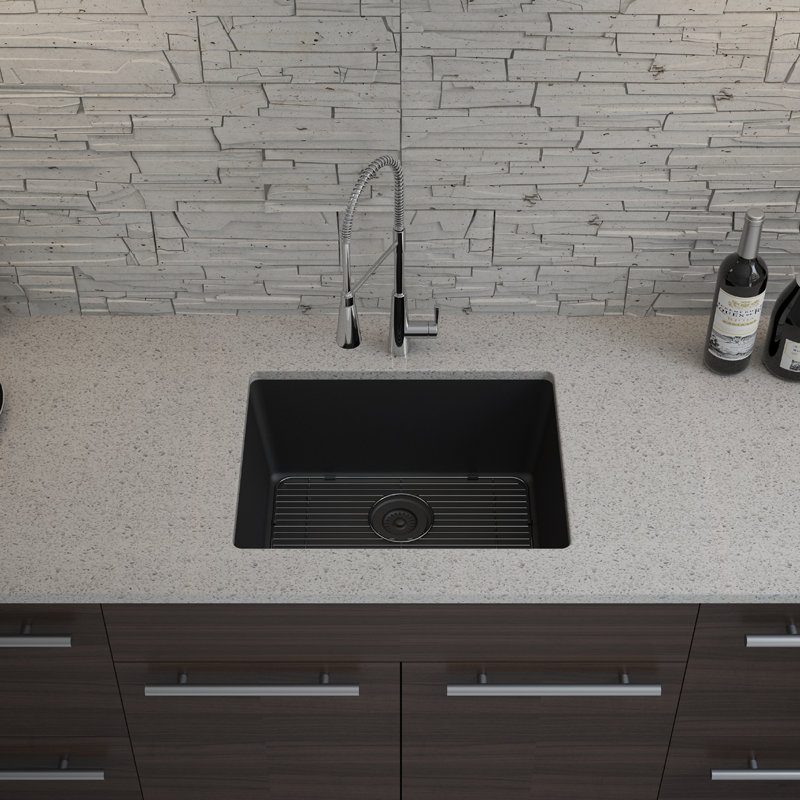 Évier de cuisine en quartz 23 po x 18 po, évier simple, évier encastré, évier de cuisine en granite, avec grilles en acier et crépine