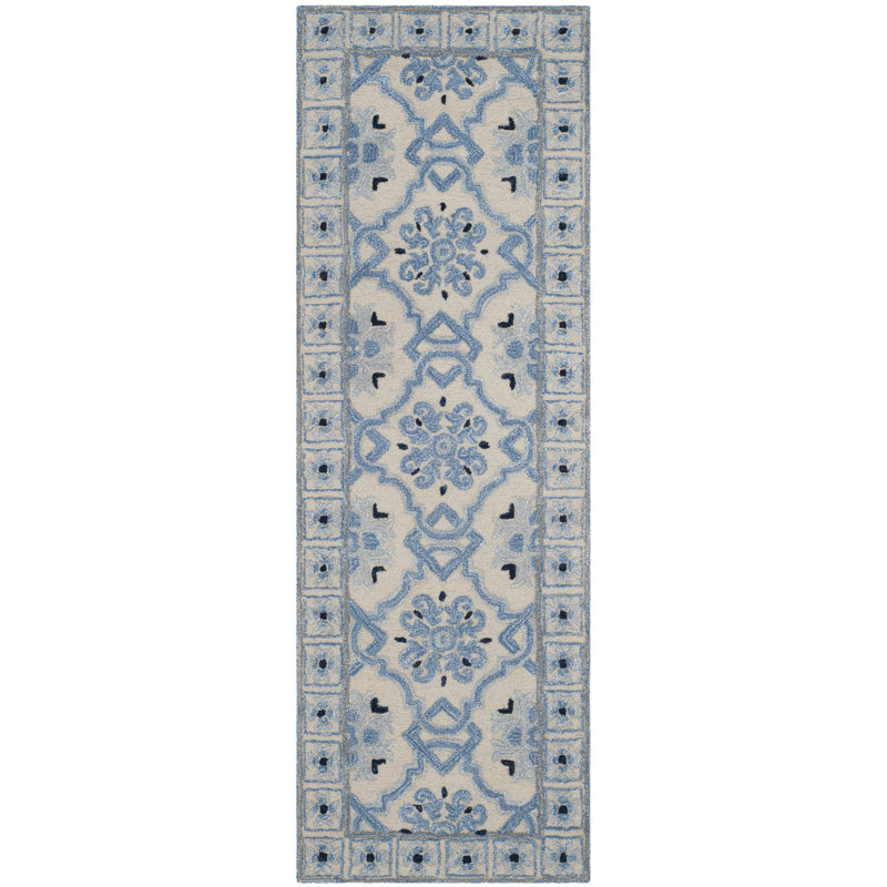 Cruz Hand Tufted Wool/Viscose Oriental Rug in Ivory Blue, Runner 2'3" x 13'