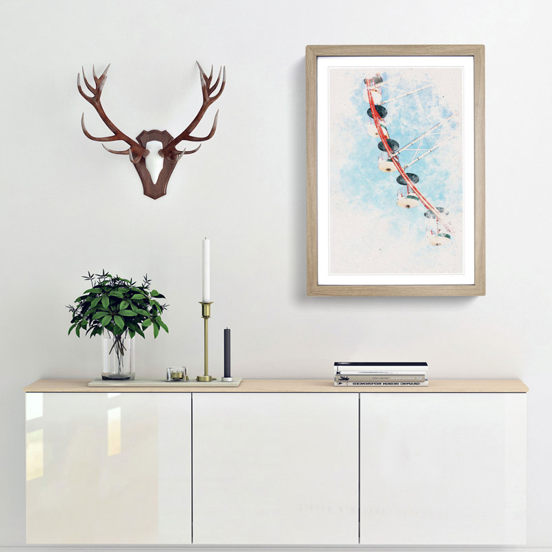 Ferris Wheel Watercolour - Picture Frame Graphic Art, Oak Framed, 87cm H x 62cm W x 2cm D