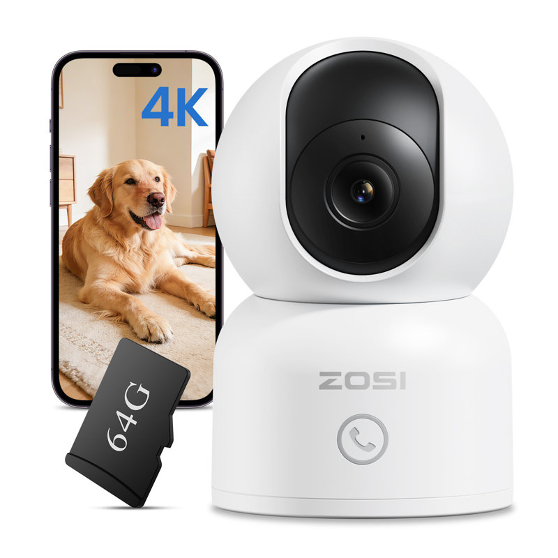 4K Indoor Wifi 360 PTZ Security Camera with 64GB Card, Human Track, One Click Call, Pet Detection