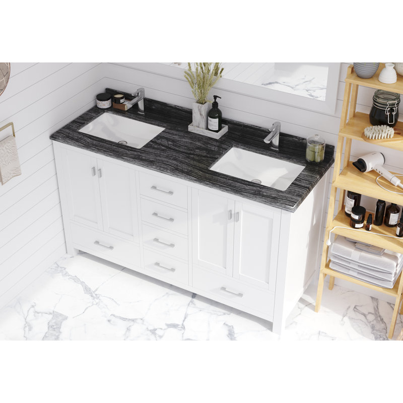 Ensemble de meuble-lavabo double 60 po Mariário, Bois noir, Blanc