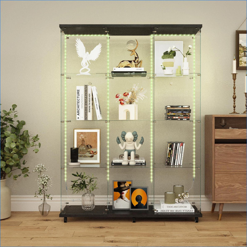 Armoires | Vitrine en verre trempé moderne verrouillable 65,28 "avec lumières DEL Bluetooth, roulettes | Minimaliste | Panneau de particules