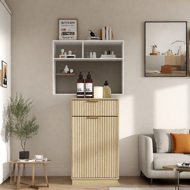 Armoire à poubelle inclinable avec tiroir et poignées en métal, Chêne