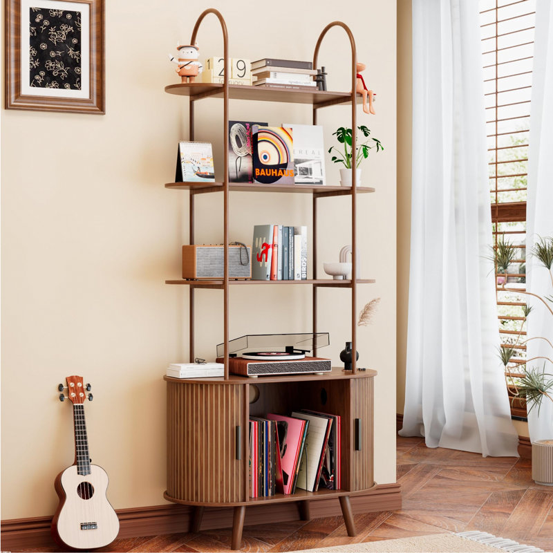 Tall Vinyl Record Player Stand, 4-Tier Bookshelf With Sliding Doors, Walnut
