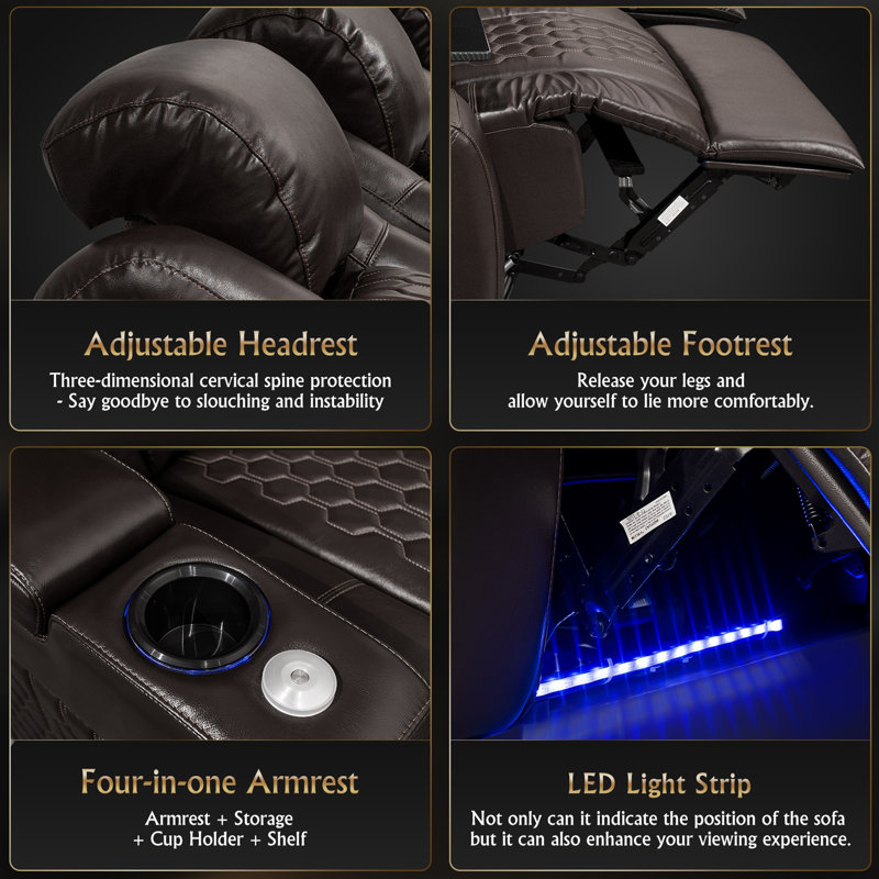 Power Recliner 5 PC Made WithTop-Grain Nappa,Fully Adjustable Relaxation,Smart Charging,Dynamic RGB LED Lighting, Coffee