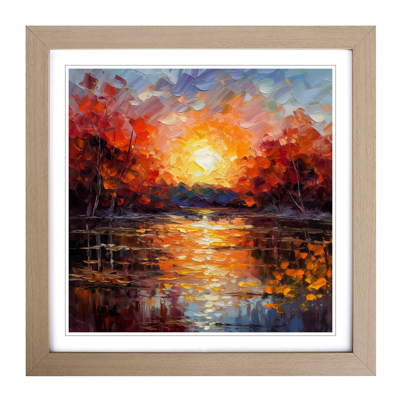 Sunset Palette Knife Painting - Single Picture Frame Print on Wood, Oak