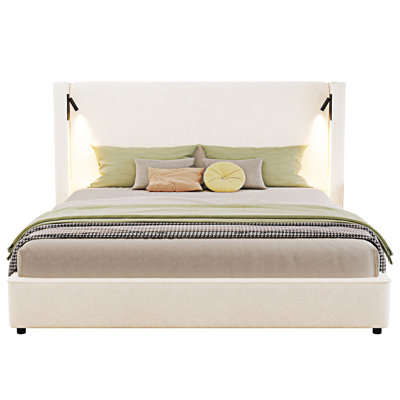 Upholstered Bed Frame With Wingback Headboard,Reading Lamp And USB Port