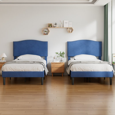 Fahmidah Twin Upholstered Platform Bed Frame Set of 2, Velvet Fabric Mattress Foundation with Adjustable Nailhead Headboard, Strong Wooden Slats Support, No Box Spring Needed