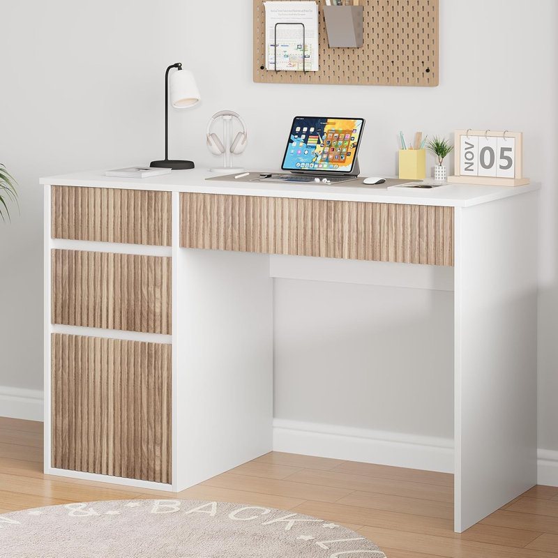 Petit bureau 48 pouces avec tiroirs et armoire de rangement, Blanc / brun clair