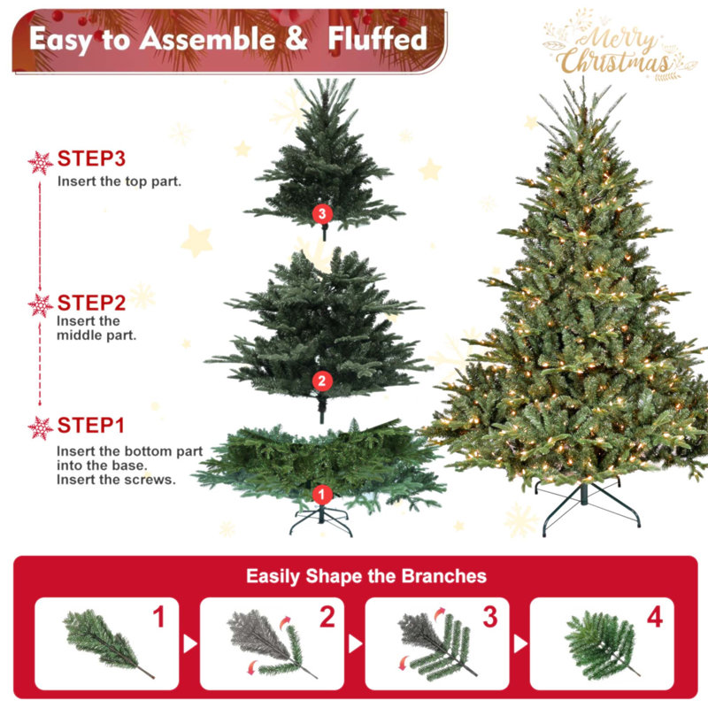 Arbre de Noël 6 pieds pleine forme avec 500 lumières UL - branches mixtes en PE / PVC, 1763 pointes, base large pour les espaces spacieux, structure à charnières, support en métal stable