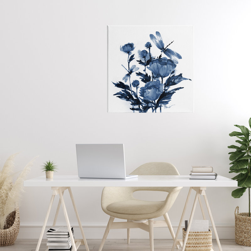 Indigo, pivoines et libellules, toile par Paul Brent, H 24 po x l 24 po
