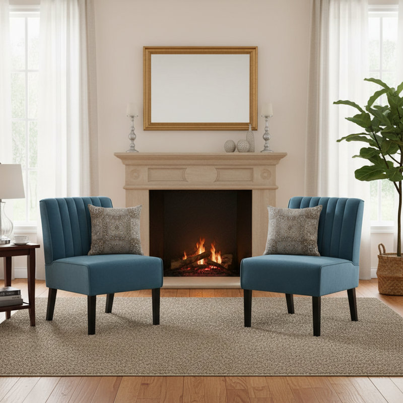 2 piece Channel tufted back slipper chair, Blue