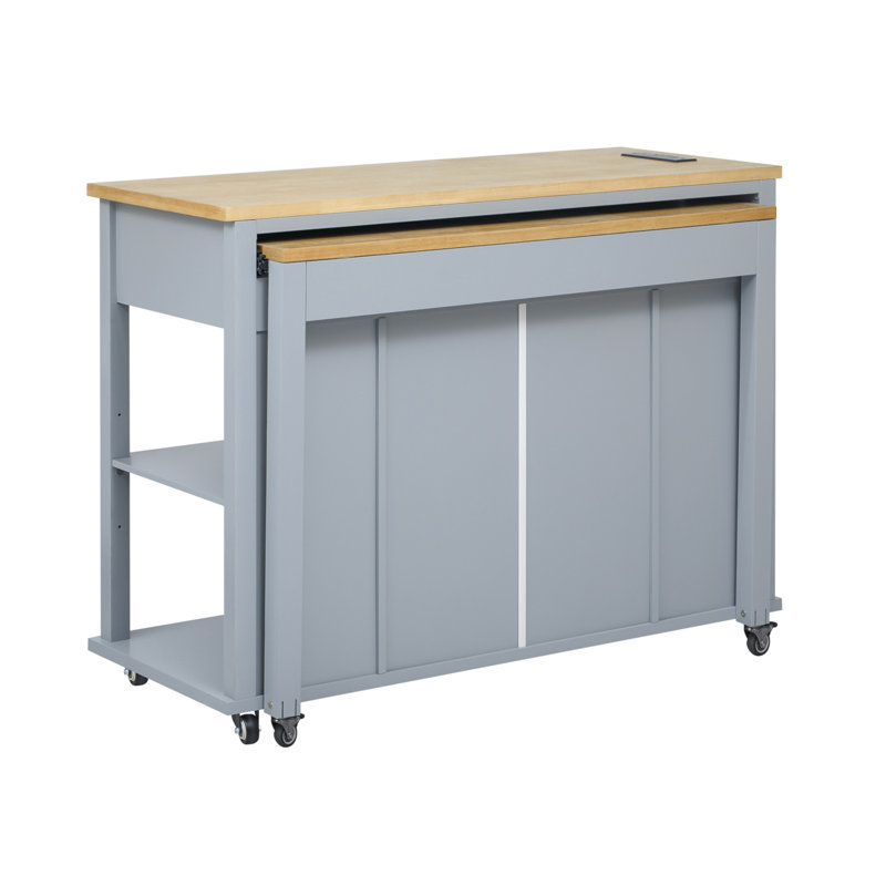 47 Inch Kitchen Island With Extendable Dining Table, Rubber Wood Veneer Kitchen Table With Internal Storage Rack, Power Outlet, Kitchen Island With Storage 2 Drawers 2 Cabinet