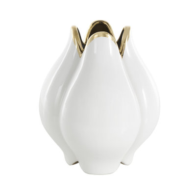 Joseildo Ceramic Dimensional Tulip Shaped Decorative White Vase with Metallic Gold Rim