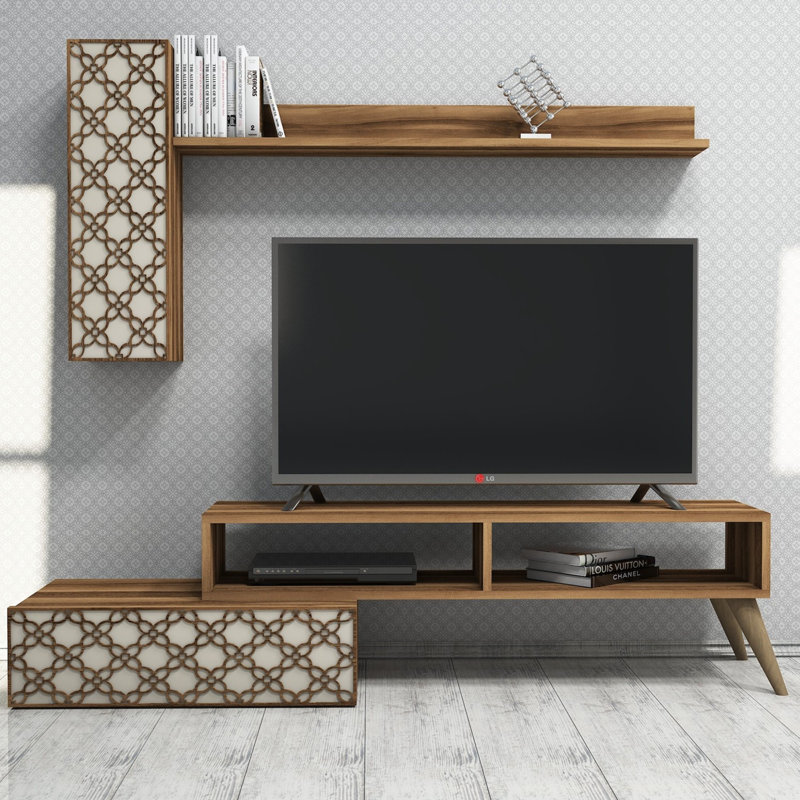 Modern Walnut & Cream TV Unit with Wall Shelf, 59.1 x 14.9 x 14.6 inches | 100% Melamine Coated Particle Board, Thickness: 0.7 inches | Multiple Shelves, Plastic Legs, Stylish Design for Living Room & Entertainment Spaces