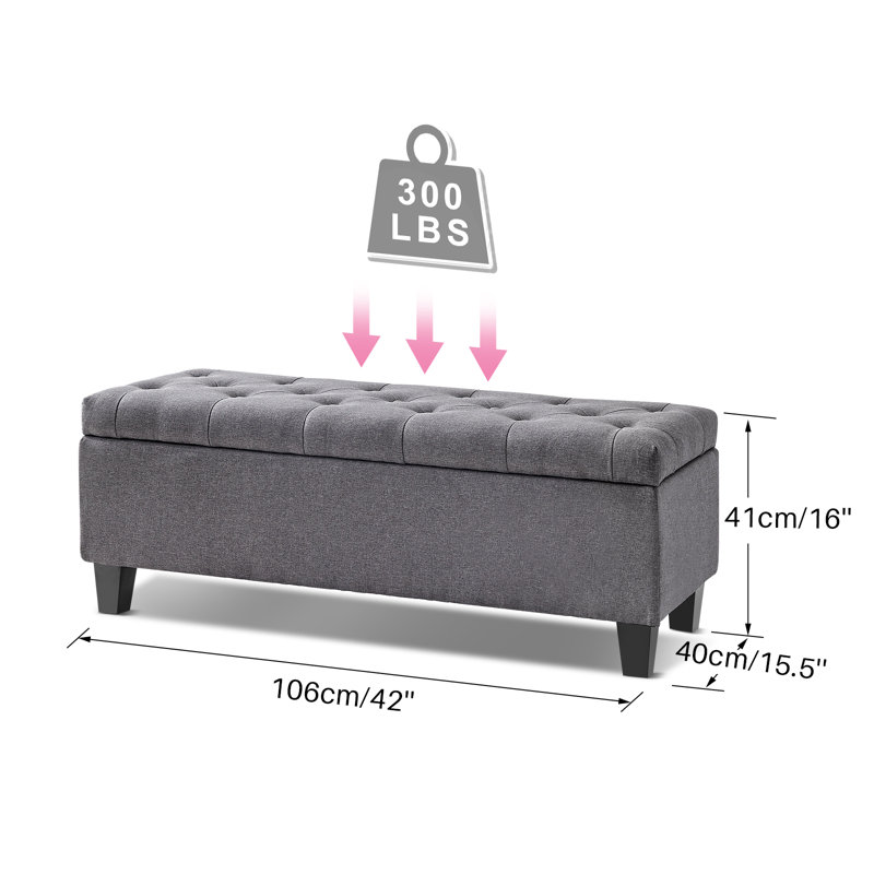 Jalob 42'' W Storage Ottoman Bench, End of Bed Storage Bench, Button Tufted Fabric Storage Ottoman, Solid Wood Leg, Safety Hinge, 330 LBS Load, Ottoman with Storage for Bedroom Living Room Entryway