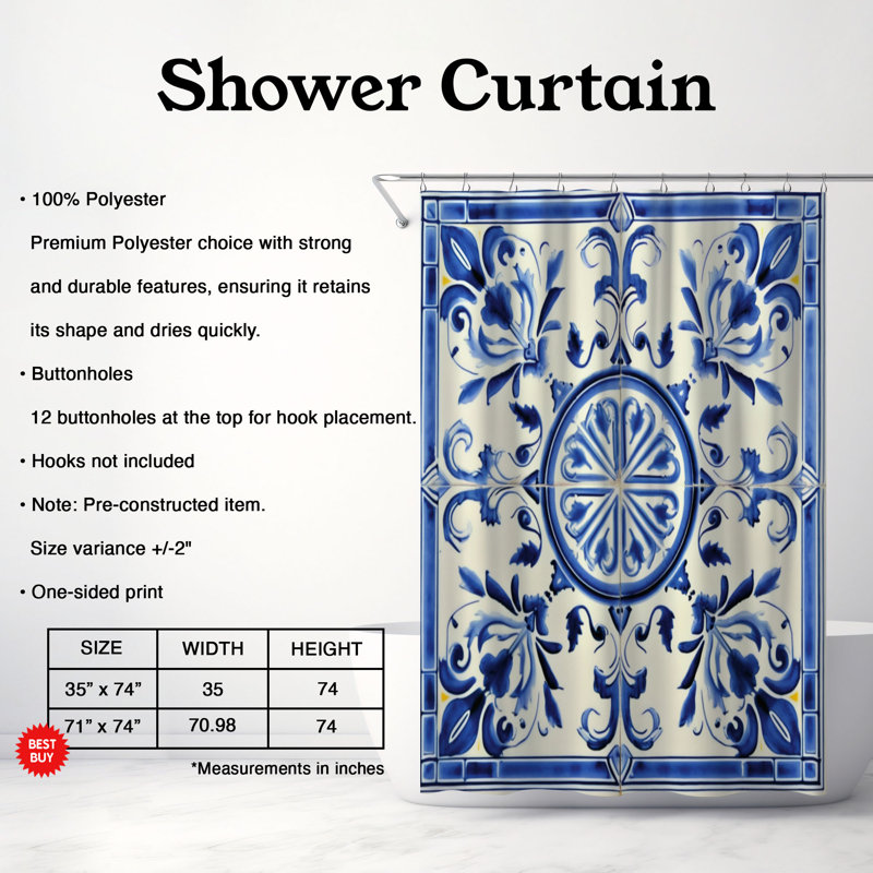 Rideau de douche standard 1 pièce, H 74 po x l 71 po