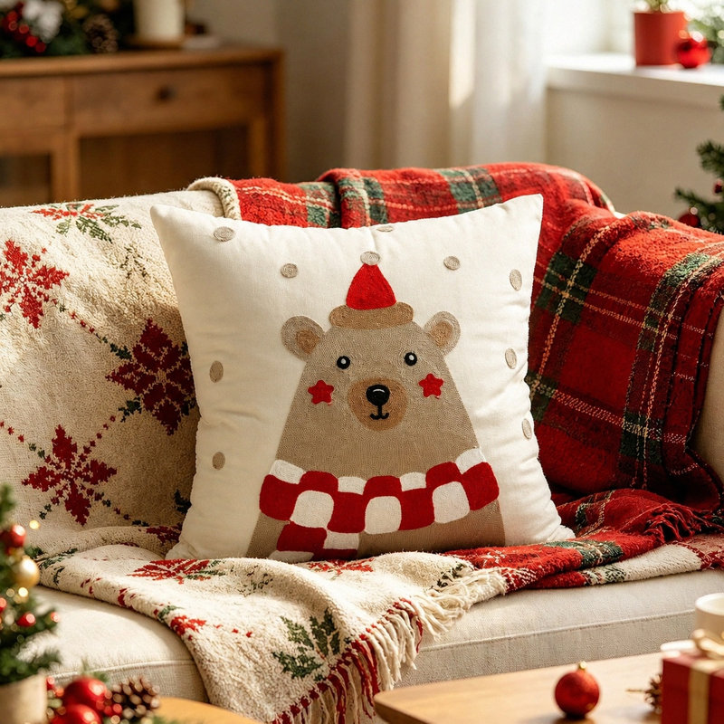 Housse de coussin brodée de nains et d'ours de Noël, 45 x 45 cm, Ours