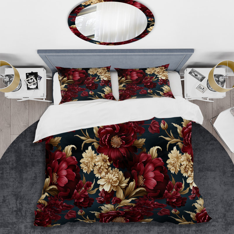 Renaissance Revival Victorian Pattern - Floral Duvet Cover Set, Queen Duvet Cover + 2 Standard Shams