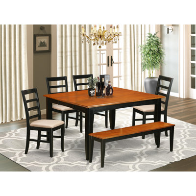 L'ensemble de table de salle à manger 6 pièces contient une table de salle à manger carrée avec feuille papillon et 4 chaises de salle à manger en tissu de lin avec banc, cappuccino