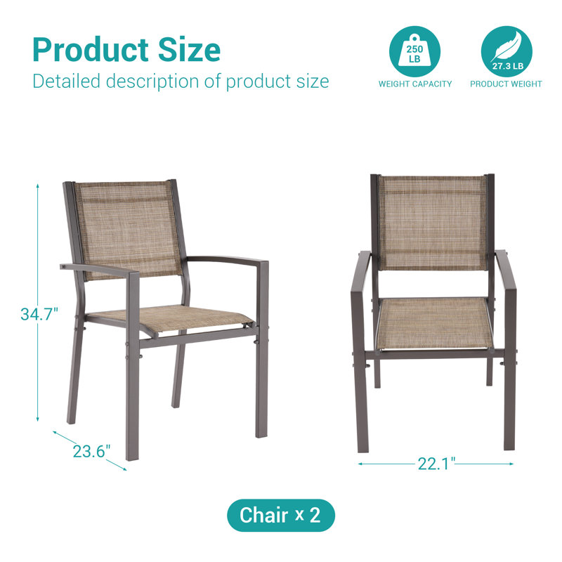 Fauteuil de salle à manger d'extérieur, tissu en PVC respirant, structure en fer thermolaqué, pour fauteuil de salle à manger empilable (ensemble de 2)